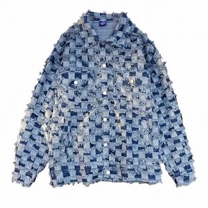 Frühling Fi Plaid Patch Männer Denim Mantel Revers Einreiher Casual Lose Jacke Paar Straße Retro Harajuku Strickjacke A8zg #