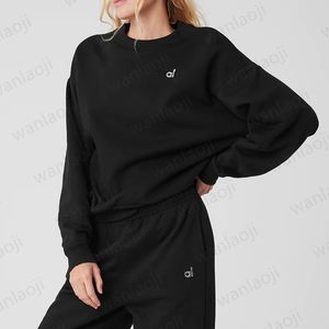 Women Yoga Crew Neck Pullover Hoodie Warm Sweatshirts Silver 3D logo on chest Loose Sweatwear Unisex Casual Top Fashion Outwear clothes