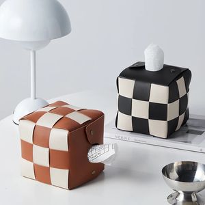 Lädervävnadslåda servett papperhållare vit svart checkerboard pappershandduk förvaring arrangör hem dekoration tillbehör 240327
