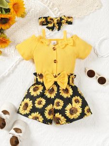 Clothing Sets Baby Girl Set Fashion Suspender Bow Short Sleeved Single Breasted T-shirt Sunflower Printed Shorts Toddler Children's Clothes