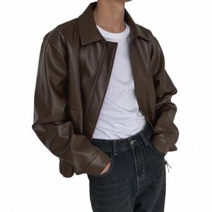 mens Autumn And Winter Retro Leather Casual Loose Short Leather Jacket Men'S Handsome And Elegant British Jacket Tops U5Ju#