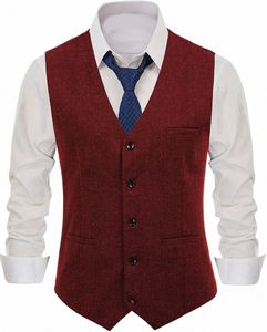 Mężczyzny Herringbe Suit Vest v Kamizelka wełniana na szyi swobodny formalny pojedynczy piersi Busin Groomsmen Wedding Party Slevel Top Top 39JC#