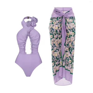 Damen-Bademode, modischer einteiliger Bikini, einfarbig, fliegender Rand, hohler Badeanzug, zweiteiliges Set, weich und bequem, anmutig