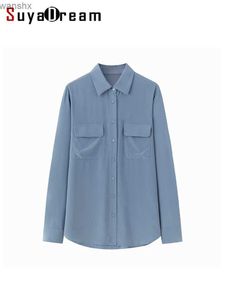 Kvinnors blusar skjortor Suyadream Womens Pocket Shirt 100% Silk Lapel Solid och Unique 2024 Spring/Summer Office Womens Topl240328