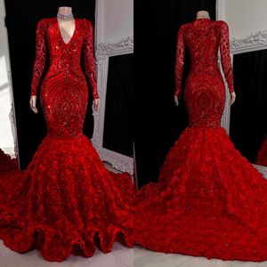 Luxury Mermaid Evening Dresses V Neck Long Sleeves Beadings Appliques Lace Prom Gowns Custom Made Sweeo Train Formal Party Dress