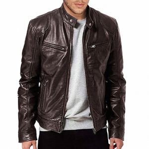 2023 Fi Herren Lederjacke Slim Fit Stehkragen PU Jacke Männlich Anti-Wind Motorrad Revers Diagal Reißverschluss Jacken Männer H6C6 #