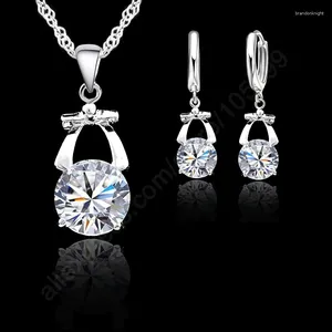 Halskette Ohrringe Set Anmut Schleife mit glänzendem Zirkonia Kristall reiner 925 Sterling Silber Damen Ohrring für Party