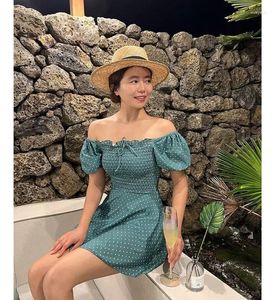 Women's Swimwear Short Sleeves One Piece Swimsuit With Skirt Women Green Dots Pleated Monokini Open Back Trikini Korea Bathing Suit