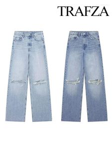 Jeans da donna TRAFZA Pantaloni in denim strappati larghi blu moda donna Pantaloni streetwear Y2K a gamba larga a vita alta da donna