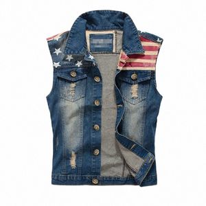 Weste für Männer Spliced USA Flagge Demin Weste Herren Jacken Fi Boy Jeans Streetwear Casual Biker Vintage ausgefranste Taschenmäntel S2gU #