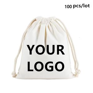 Wholesale 100pcs/lot Custom Printed Natural Cotton Drawstring Pouch Gift Package Bags Personalize Texts Plain Storage Pouch 240322