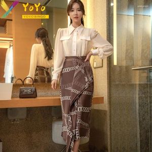 Work Dresses Formal Set White Pocket Puff Sleeve Shirt Top Printed Ruffle Skirt Fall/Winter Slim Bodycon Office Lady 2 Pieces