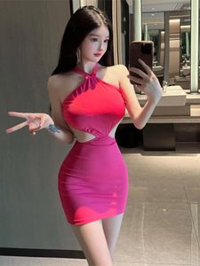 Casual Dresses WOMENGAGA Rose Red 2024 Sexy Hollow Out Strap Hanging Neck Open Back Sweet Spicy Lacing Up Slim Dress Elegant For Women GIF8