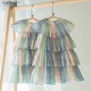 Girl's Dresses 2024 Summer New Girl Party Dress Rainbow Sequin Birthday Princess Costume for Kids Baby Holiday Beach Bathing Mesh Cake Clothes yq240327