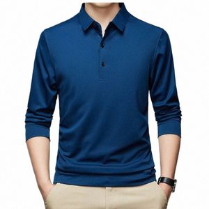 spring and Autumn Men's Pullover Polo Butt Solid Color POLO Bottom Shirt Lg Sleeve T-shirt Fi Casual Formal Tops U0Fe#