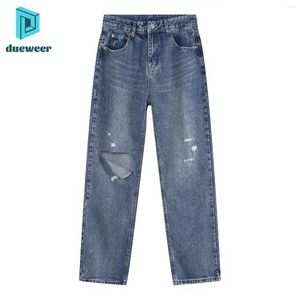 Jeans masculinos dueweer reto rasgado casual baggy calças de cintura alta para homens scratch hole denim calças angustiadas streetwear