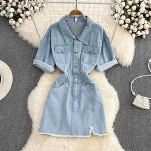 Party Dresses Casual Loose Shirt Denim Dress for Women 2024 Summer Retro Blue High midje Slim A-Line Female Streetwear