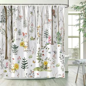 Chuveiro cortinas primavera floresta cortina engraçado girassol esquilo pássaros aquarela floral planta árvores moderna decoração do banheiro