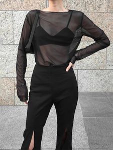 Damen T-Shirts Tossy Mesh See-Through Black T-Shirt Pullover für Frauen Sexy Hollow Out Patchwork Inner Fashion Langarm Sommer Top