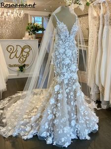 Imagem real cintas de espaguete ilusão sereia vestidos de casamento com decote em v aberto volta 3d floral rendas vestidos de noiva novia