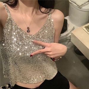 Herrar Summer 2024 Fashion Sexig glittrande paljett V-ringning Sling Vest Women's Short Loose Tops Ytterkläder Bottoming Vintage Shirt