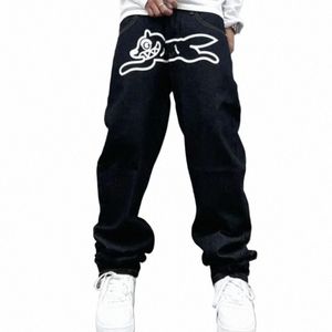 Hip Hop Flying Dog Print Jeans för män high street raka löst breda benbyxor fi baggy byxor manlig y2k lyx denim b5ad#