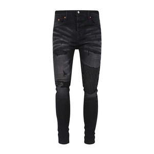 High Street Trendy Brand Pur New Black Perforated Patch Jeans för herrkattpärlor med vit slipning Elastisk smal passformfötter