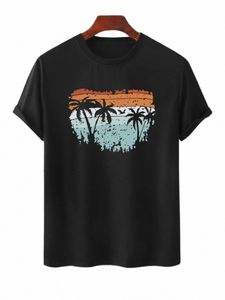 cocut tree print Crew Neck T-shirt, Casual Short Sleeve Fi Summer T-Shirts Tops, Men's Outfits,Oversize Tees h3AQ#