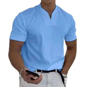 Tushangge mens polo t-shirts de manga curta com decote em v topos diários dos homens roupas de cor sólida camisas de golfe treino fitness esportes wear 240325