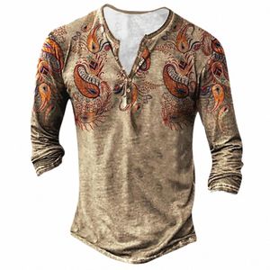 men Vintage Ethnic T-Shirts Western Ethnic Floral Print Tee Tops Classic Trendy V-Neck Butt Lg Sleeve Tees Casual Streetwear q3ku#