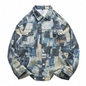 Carta Bordado Denim Jaqueta Homens Patchwork Grid Design Wed Jacket Mulheres Fi Casais Soltos Casual Casaco Azul 2023 S7XZ #