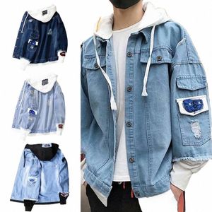 men Light Blue Winter Jean Jackets Hooded Casual Men Solid Color Jean Jackets Popular Single Breasted Drawstring Jean Jacket t7A0#