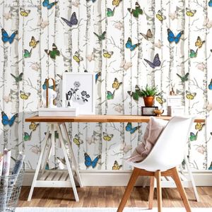 Wallpapers Colorful Butterfly On The Birch Tree Wallpaper Wood Furniture Sticker Self Adhesive Shelf Drawer Liner Contact Paper