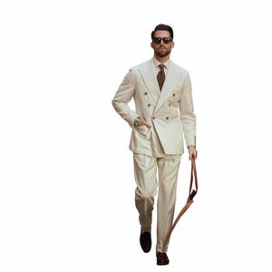 fi Abiti beige per uomo doppio petto formale Busin Blazer da sposa sposo smoking 2 pezzi giacca gilet pantaloni Costume Homme h4qf #