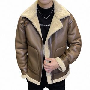 winter New Men's Leather Jacket Men's Plush Thickened Lamb Fleece Collar Casual Jacket Large Design Feel Leather Coat Men Jacket X7y7#