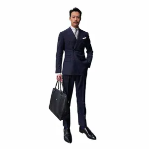 Темно-синяя полоса Мужские костюмы Двубортный Slim Fit 2 шт. Набор Busin Blazer Свадебный смокинг жениха Костюм Homme Куртка Брюки k042 #