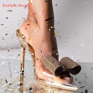Dress Shoes Gold Shiny Bow Rhinestone PVC Pumps Solid Thin High Heel Summer Safty Work For Women Sandals Sexy