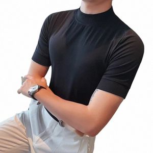 Turtleneck Men Korean Luxury Clothing Kort ärm T-shirt för män Matchar Slim Fit Casual Men's T-shirts Black/White 3XL-M C3XO#