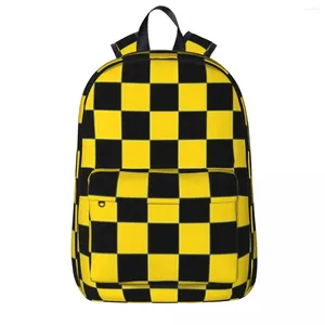 Mochila preto e amarelo padrão verificador mochilas meninos meninas bookbag estudantes saco de escola crianças mochila de viagem ombro