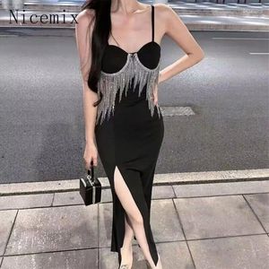Lässige Kleider Modernes Abendessen Schwarze Quaste Diamantkette Split Slip Abendkleid Elegantes High-End-Damen-Promi-Sexy Langes Kleid für Frauen