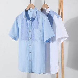 Camisas casuais masculinas de linho de algodão fino camisa de manga curta verão listra retalhos gola quadrada contraste cor respirável topo