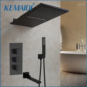 Badezimmer-Waschtischarmaturen KEMAIDI Thermostatisches Bad-Duscharmatur-Set T 4-Wege-Mischer Wandmontage Mattschwarzer Regen-Wasserfall-System