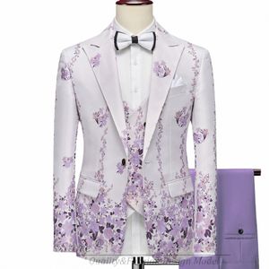 GN 2023 Nya serier Men Suits Blazer Vackra lila lila blommönster Tuxedos 3 stycken Formell festdräkt Homme Slim Fit X2MQ#