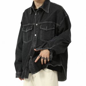 7753 Jesień mężczyźni prosta dżinsowa kurtka Koreańska FI Przystojna persality Hip Hop Streetwear Pocket Blue Casual Loose Młodzież