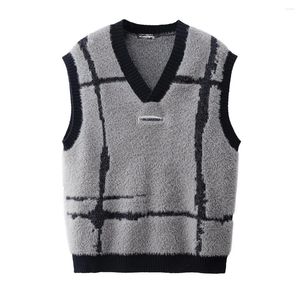 Erkek yelekleri harajuku sokak trend çizgili patchwork v yaka örgü sweater yelek çift tarzı jakar damalı büyük boy kolsuz kazak