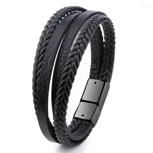 Link Bracelets Classic Men Stainless Steel Vintage Multilayer Leather Braid Bangles Handmade Rope Wrap Male Gift Jewlery