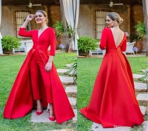 Krikor Jabotian Elegant Red Jumpsuit Evening Dresses with Detachable Train V Neck Backless Evening Gowns Long Sleeve Party Gown Pr6962913