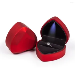 Present Wrap Heart Shaped LED Ring Box Jewelry Plush Holder Chest Organizer Earrings Coin Presentation Case