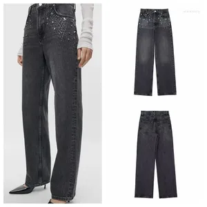 Kvinnors jeans 2024 Slim-Fit Long Ben Straight Tube Mid-tube Inset Rhinestone