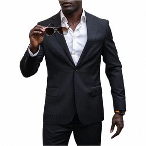 Classic Black Mens Suit Slim Fit Fit Busin Blazer Casamento Groom Tuxedo 2 Peças Conjunto de banquetes masculino Costume Homme Jaqueta Calça V92C#